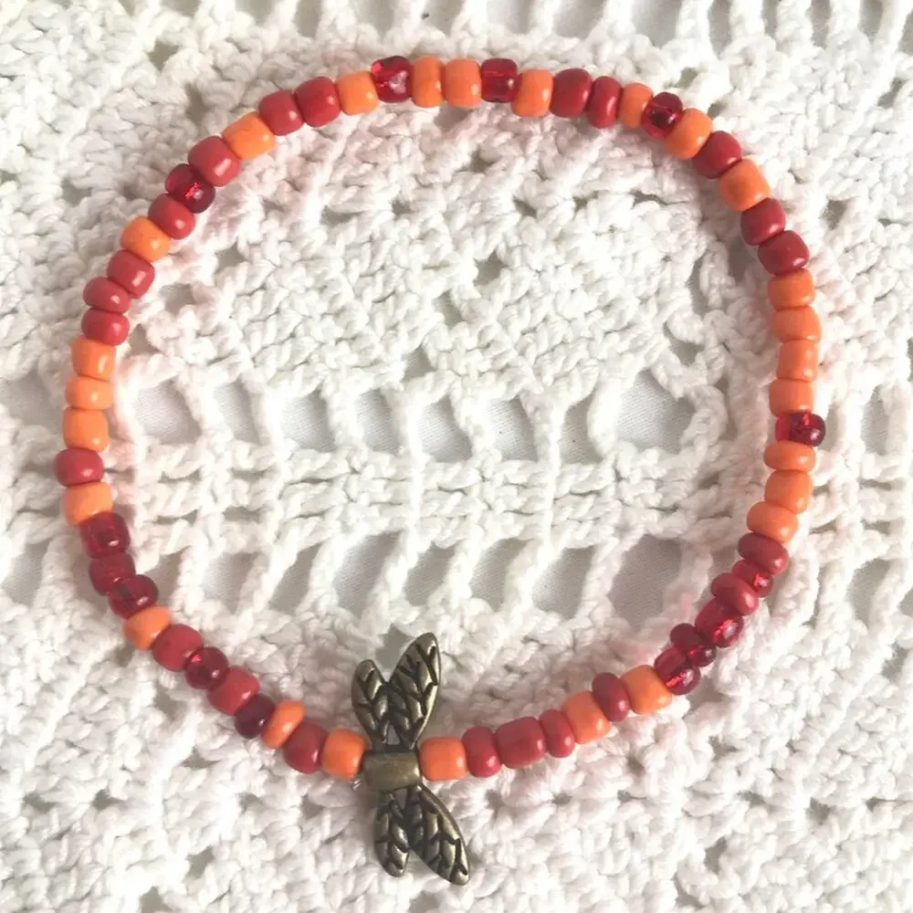 Dragonfly Coral Orange Brass Stackable Bracelets